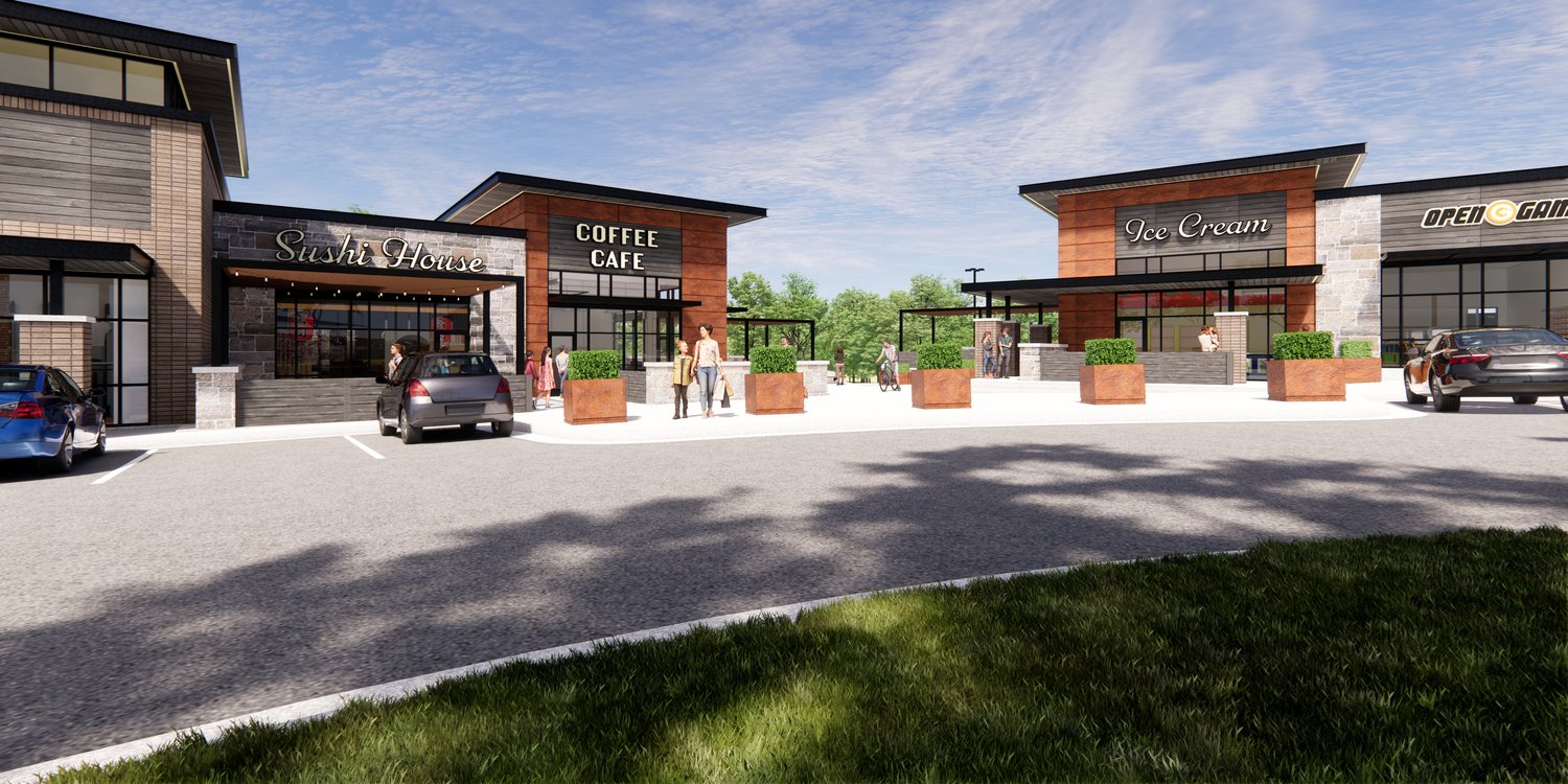 The shopping center will feature stores and eateries, as well as an outdoor courtyard area suitable for picnics.